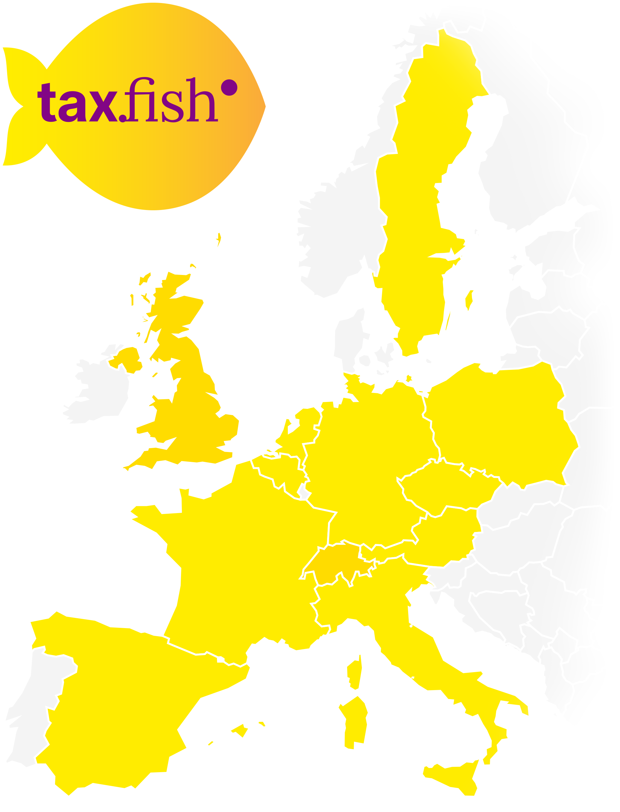 Illustration einer Europakarte, in der die Länder hervorgehoben sind, in denen tax.fish für reibungsloses Umsatzsteuer-Management sorgt.